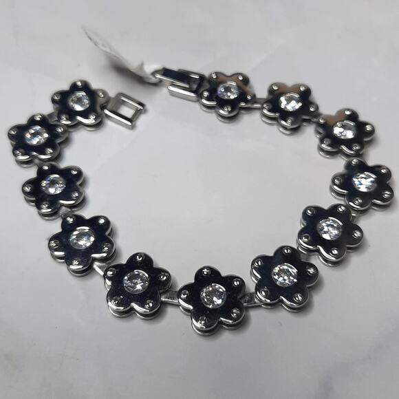 Stainless Steel Floral Bracelet Crystals Accents - Picture 1 of 7